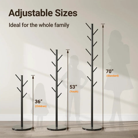 Freestanding Coat Rack With Natural Marble Base And 10 Hooks in 3 height options for children, youth, and standard height.