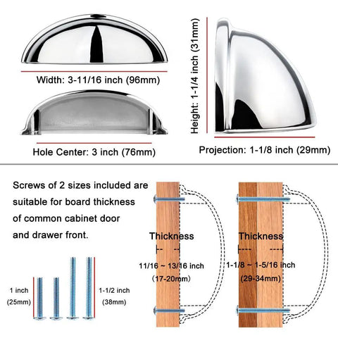 Chrome Bin Cup Drawer Pulls 3 Inch Center Spacing 76mm Cabinet Handles 25 Pack dimensions and included screws
