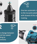 Heavy Duty Brushless Cordless Rivet Gun With Six Interchangeable Tips For Knocking Out Threaded Rivet Nuts And Metal Hardware Zero Cord Hassle Built Tough For Garage Work showing quick fit head and speed control.