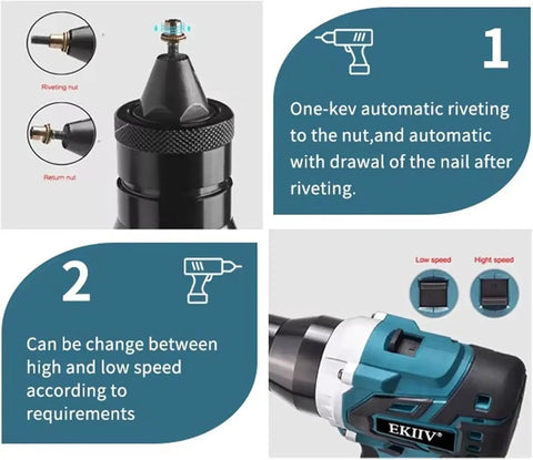Heavy Duty Brushless Cordless Rivet Gun With Six Interchangeable Tips For Knocking Out Threaded Rivet Nuts And Metal Hardware Zero Cord Hassle Built Tough For Garage Work showing quick fit head and speed control.