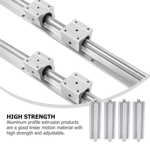 Four Pack Beefy Aluminum T Slot Profile 150mm Rails For DIY CNC, 3D Printer Frames, Workbenches And Industrial Framing Systems, Heavy Duty, Smooth Finish, Durable And Versatile For Quick, Easy Assembly shown with linear rail blocks