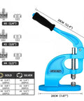 Heavy Duty Eyelet Grommet Machine Press Kit With 3 Interchangeable Dies And 900 Grommets shown with dimensions and die sizes