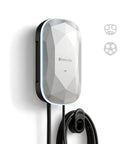 No Sweat Level 2 EV Charger 40 Amp 240V Home Wall Mount Electric Vehicle Plug In Station With Smart App Control And Rfid Card J1772 Nacs Super Quick Charge, silver wall-mounted unit with cable.