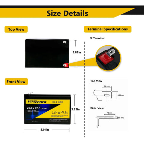 Diagram of 24V 9Ah LiFePO4 Deep Cycle Battery with Built In 30A BMS, showing size dimensions and F2 terminal details