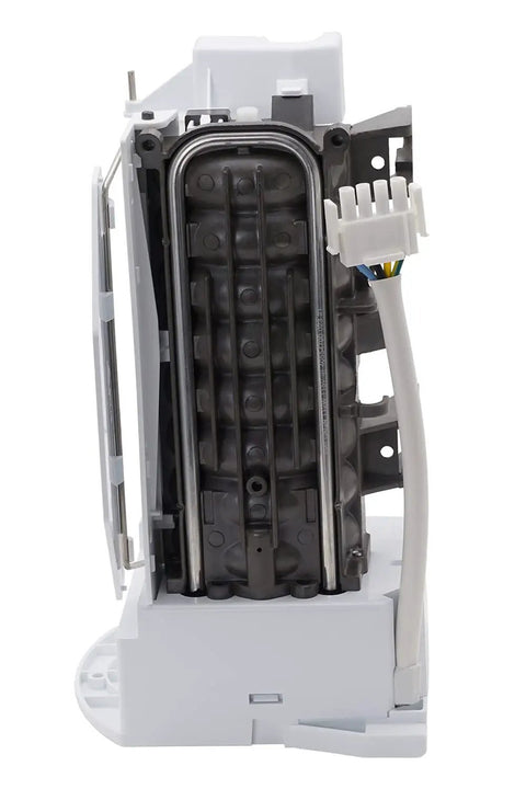 Side view of ice maker replacement for GE refrigerators compatible with Hotpoint and RCA models showing prongs and cord