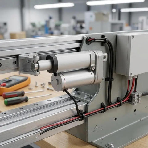 Heavy Duty 12V DC Linear Actuator Serving A Rock Solid 900 Newtons Of No Sweat Push Pull Movement With Waterproof Aluminum Housing And Mounting Brackets For Smooth Small Automation Builds, showing close-up of actuator on linear track.