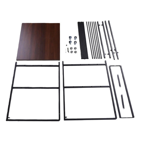Heavy Duty 3D Printer Stand Workbench Cart parts including wood top, steel frames, and casters for assembly.