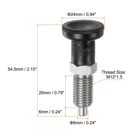 2 Pack Push Fit Ball Nose Spring Plunger M12x1.5 Thread 6mm Pin Shaft Stainless Steel Return Knob with dimensions