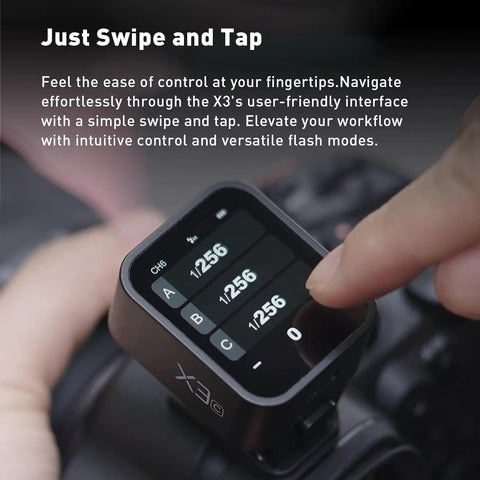 Close-up of fingertip swiping OLED touchscreen on X3 C TTL Wireless Flash Trigger For Canon Cameras With 2 4G Connectivity.