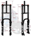 Beefy Fat Tire Mountain Bike Fork With 180mm Travel, 135mm Hub Spacing, 9mm QR, 74mm Disc, And Double Crown Suspension Diagram