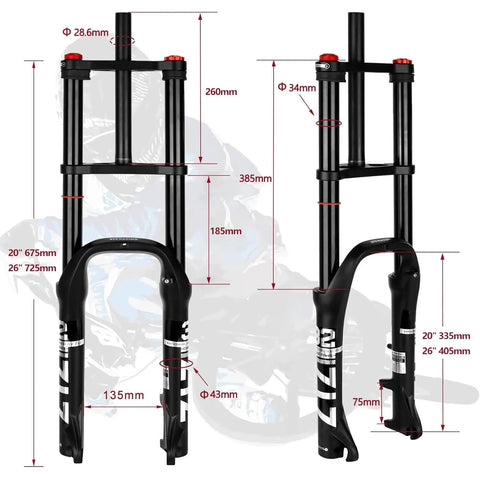 Beefy Fat Tire Mountain Bike Fork With 180mm Travel, 135mm Hub Spacing, 9mm QR, 74mm Disc, And Double Crown Suspension Diagram