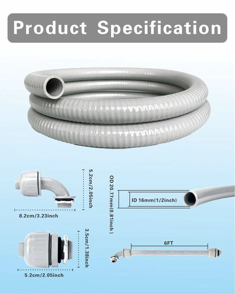 1/2 Inch Flexible Electrical Conduit Kit 6 Ft Liquid Tight Pvc Cable Sleeve with fittings, showing dimensions and specifications.