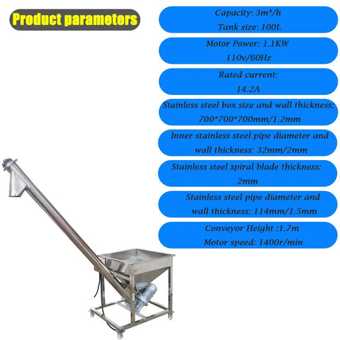 Pro Grade Automatic Screw Powder Feeding Machine With Sturdy Vibrating Hopper And Angled Conveyor Chute Built For Straight Up Reliable Bulk Material Loading At 110 Volt Power with stainless steel components.