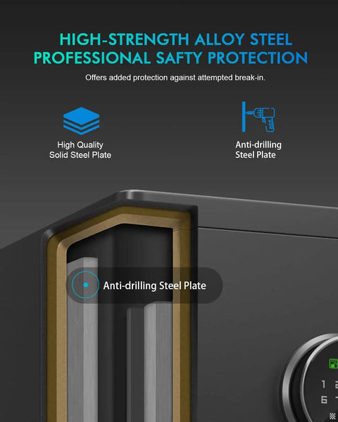 Deluxe Touch Screen Digital Safe With Biometric Fingerprint Lock Fireproof Boss Level Security Box showing alloy steel plate.