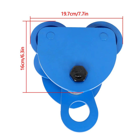 Blue Beefed-Up 1 Ton Dual-Wheel I-Beam Trolley With Adjustable Width visible from top, heavy duty steel construction.