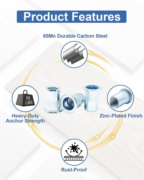 315 Piece SAE Rivet Nut Kit For Auto Repair And Metal Fabrication Zinc Plated Carbon Steel features and benefits diagram.