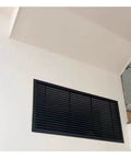 No Sweat Removable Aluminum Air Vent Grille Paired With A Slick Louvered Access Panel For Ceiling Drywall Install Delivering Solid Moisture Proof Airflow Management At 32X32 Inches Dimensions mounted on white ceiling.