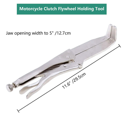 Universal Motorcycle Clutch Flywheel Holding Tool Engine Repair Fixture, silver steel design, jaw opening width 5 inches.