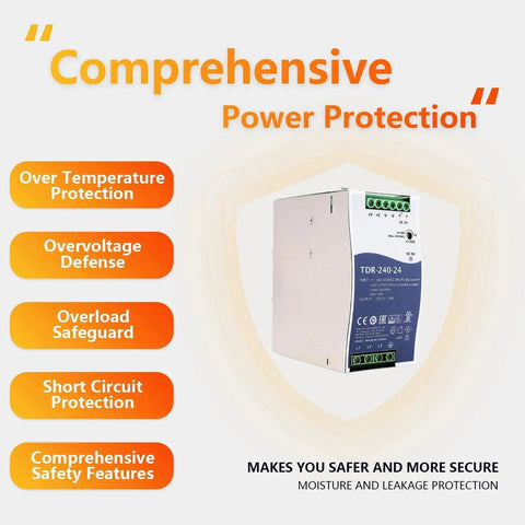Heavy Duty Rock Solid 240W Din Rail Power Supply 24V DC 10A Amps with comprehensive power protection features.