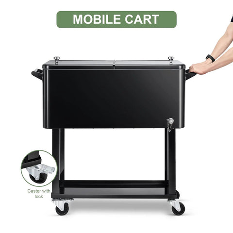 80 Quart Black Rolling Ice Chest Cooler Cart On Wheels For Patio And Backyard Parties with lockable caster wheels