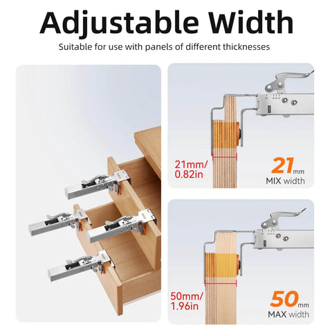 Two Pack Drawer Front Installation Clamps With Quick Install Clips Adjustable Width From 21 Mm To 50 Mm shown on drawer