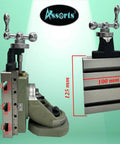 Double Swivel Vertical Milling Slide For Small Lathes And Bench Mills 100mm X 125mm With 3 Tee Slots Bronze Nut Square Thread Fits Other Similar Sized Machines Two Way Base And Table For Quick No Fuss Setup, showing side view with dimensions.