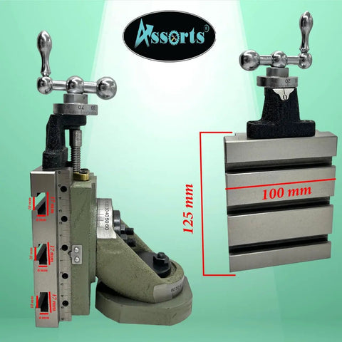 Double Swivel Vertical Milling Slide For Small Lathes And Bench Mills 100mm X 125mm With 3 Tee Slots Bronze Nut Square Thread Fits Other Similar Sized Machines Two Way Base And Table For Quick No Fuss Setup, showing side view with dimensions.