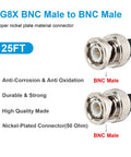 RG8X BNC Male To BNC Male Coax Cable 25Ft 50 Ohm with nickel-plated connectors showcasing durability and anti-corrosion features.