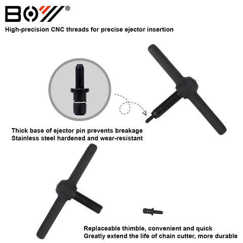Universal Bike Chain Tool Kit With Breaker And Master Link Pliers, showing chain breaker with CNC threads and wear-resistant ejector pin.