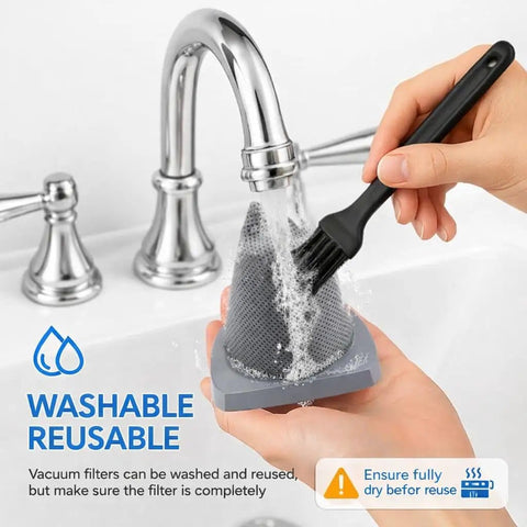 Washing Replacement Vacuum Filter Set For Eureka Blaze Stick NES215A under tap with brush, showing maintenance ease.