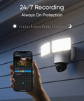 Dual-Lens 360 Coverage Outdoor Floodlight Security Cam With Pan And Tilt AI Detection And Tracking 8x Hybrid Zoom 2K And 3K Resolution 24 Seven Recording No Monthly Fee Wired Dual-Band WiFi 6 2000 Lumen installed on a wall with smartphone interface.