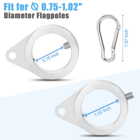 2 Pack Flag Pole Rings, Slick Spinning One Inch Clips Cut Wrapping Stress, Rock Solid Aluminum Steel Hardware, Easy Slide Snap Carabiners Make Outdoor Flag Setup A Quick Breeze For 0.75 1.02 Inch Poles, showcasing aluminum rings for flagpoles.