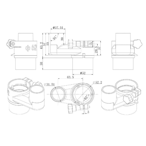 Attachable 52mm Particle Guard Boot For CNC Router Dust Collection technical drawing with dimensions