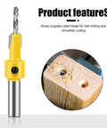 Kickass Woodworking Countersink Drill Bit Set With Ace Step Drills for smooth cutting, featuring sharp tungsten steel blade.