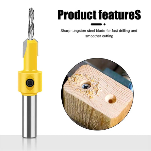 Kickass Woodworking Countersink Drill Bit Set With Ace Step Drills for smooth cutting, featuring sharp tungsten steel blade.