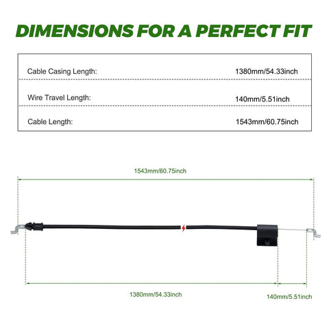 Engine safety cable, 61.5 inches long, dimensions chart with cable length info for walk-behind mowers, improving safety and throttle control.