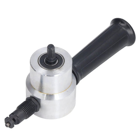 Heavy Duty Double Head Sheet Metal Nibbler Cutter with aluminum alloy body and drill attachment, side view