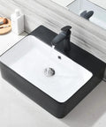 Matte Black Vessel Sink And Faucet Combo For Modern Bathrooms 18x16 Inch Rectangular Above Counter Porcelain Ceramic Vanity Sink With Dual Faucets Pop Up Drain And Water Lines in use
