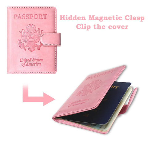 Level Up Your Vacation Vibe With This Sleek RFID Blocking Passport Holder featuring a pink exterior and hidden magnetic closure.