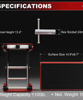 Soarshark 1100Lbs Aluminum Motorcycle Scissor Lift Jack With Reinforced Shaft Design For Heavy Duty Garage Use Red Steel Stand specifications with dimensions and height details.
