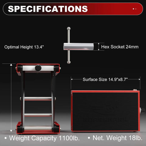 Soarshark 1100Lbs Aluminum Motorcycle Scissor Lift Jack With Reinforced Shaft Design For Heavy Duty Garage Use Red Steel Stand specifications with dimensions and height details.