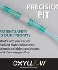 Oxyllow swivel oxygen tubing connector close-up, teal plastic with barbed ends; 360° rotation for leak-free flow.