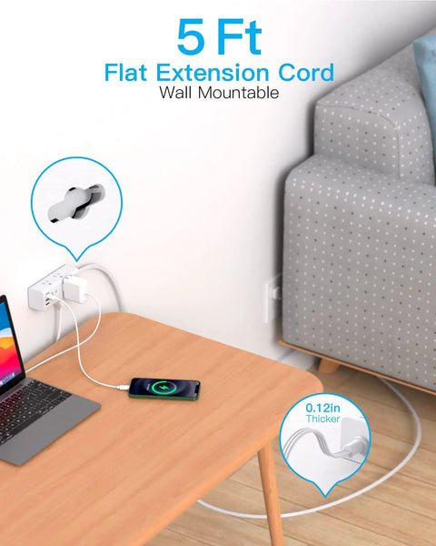 Ultra Flat Power Strip With 6 Outlets And 3 USB Ports No Surge Protection Slim 5 Ft Flat Cord Right Angle Plug Wall Mount Extender