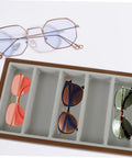 Straight Up Premium Wooden Eyewear Display Tray With Soft Protective Lining For Sunglasses Glasses And Jewelry Storage Stylish Desktop Organizer showcasing sunglasses in light brown tray.