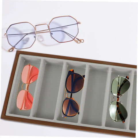 Straight Up Premium Wooden Eyewear Display Tray With Soft Protective Lining For Sunglasses Glasses And Jewelry Storage Stylish Desktop Organizer showcasing sunglasses in light brown tray.