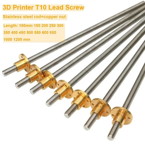 Stainless Steel T10 Trapezoidal Lead Screw For 3D Printers, 10mm Dia, 2mm Lead And Pitch, Copper Nut, Lengths From 100mm To 1200mm, Beefy For Stepper Motor Drives And Guide Rails, One Color Finish; shown with copper nuts