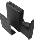 Quick Draw Slide Out Biometric Pistol Safe Fast Deploy Handgun Security Box showing handgun and keypad for quick access.
