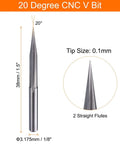 Front view of CNC V-bit engraving tool, 20 degree, 1/8 in shank, 0.1 mm tip, two straight flutes.
