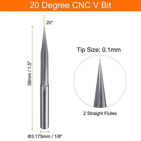 Front view of CNC V-bit engraving tool, 20 degree, 1/8 in shank, 0.1 mm tip, two straight flutes.