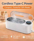 Ultrasonic Jewelry Cleaner Delivers Knockout Deep Clean With 48KHz Waves 440Ml Tank with lid open revealing water.